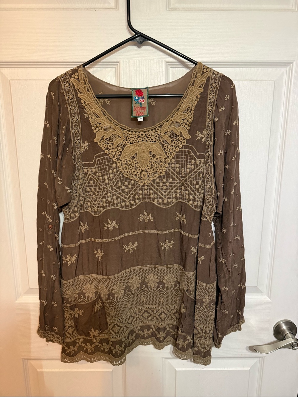 Johnny Was Brown Tunic with Cream Crochet & Embroidery